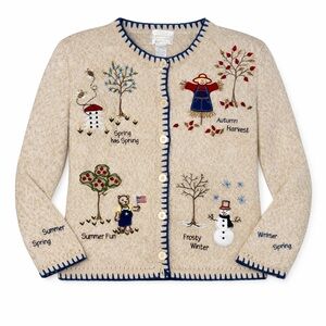 Christopher & Banks Beige Embroidered Seasons Cardigan with Navy Trim